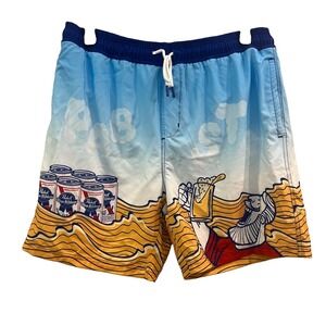 Pabst Blue Ribbon Graphic Swim Trunks Board Shorts Size XL Blue Yellow Stretchy